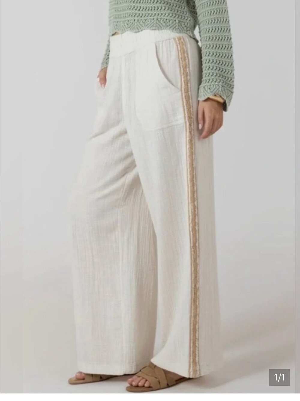 Aerie Summer Reset Trouser wide leg gauze pants embroidered woven side trim
